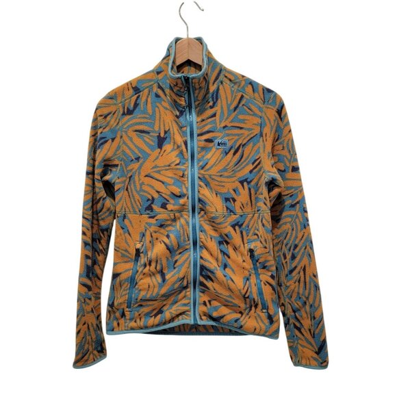REI Co-Op TRAILMADE Fleece Full Zip Jacket Blue & Orange Leaf Pattern Unisex XS - Picture 1 of 7